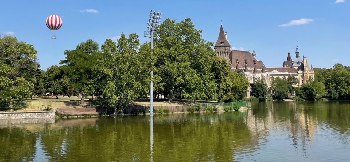 City Park Budapest with the lake, Vajdahunyad Castle and BalloonFly