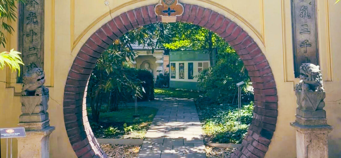 Moon gate leading into the hidden garden of the Hopp Ferenc Museum in Budapest.